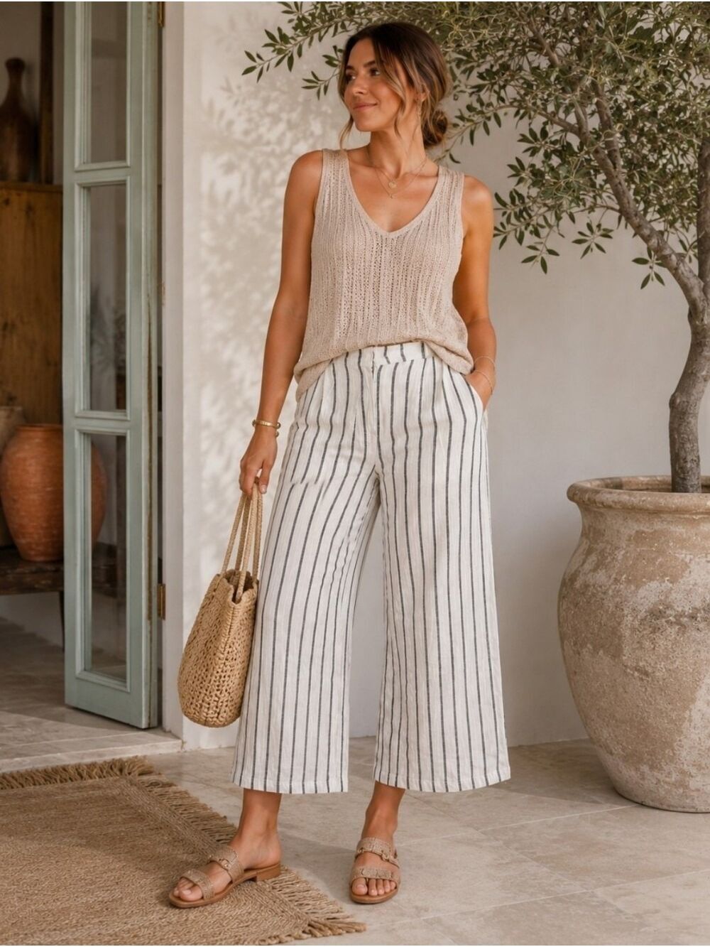 Dex Linen Blend White Black Stripe Wide Leg Crop Pants Pleated Coastal XL NWT - Picture 5 of 10